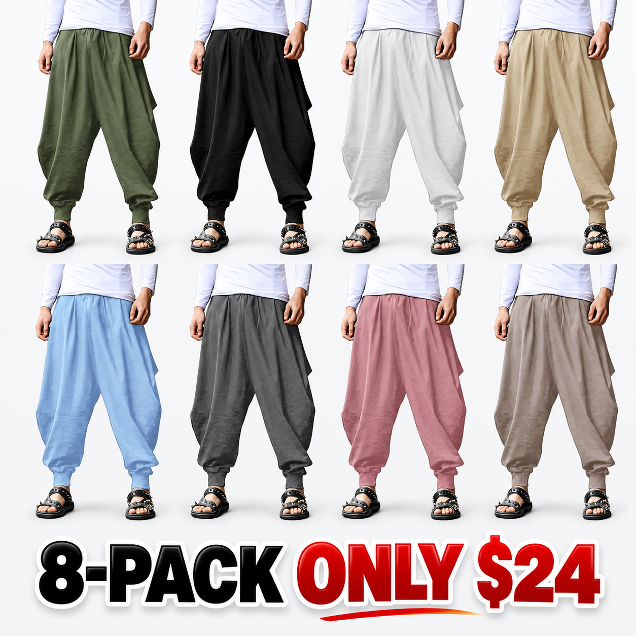 Men's Hippie Baggy Drop Crotch Casual Trousers, Elastic Drawstring Lightweight Yoga Daily Pants with Pockets