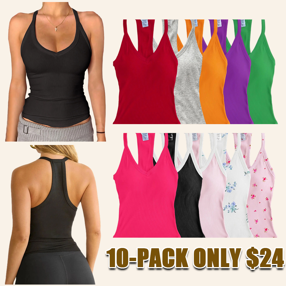 Women's V-Neck Ribbed Racerback Tank Top Fitted Longline Padded Athletic Casual Cami Top