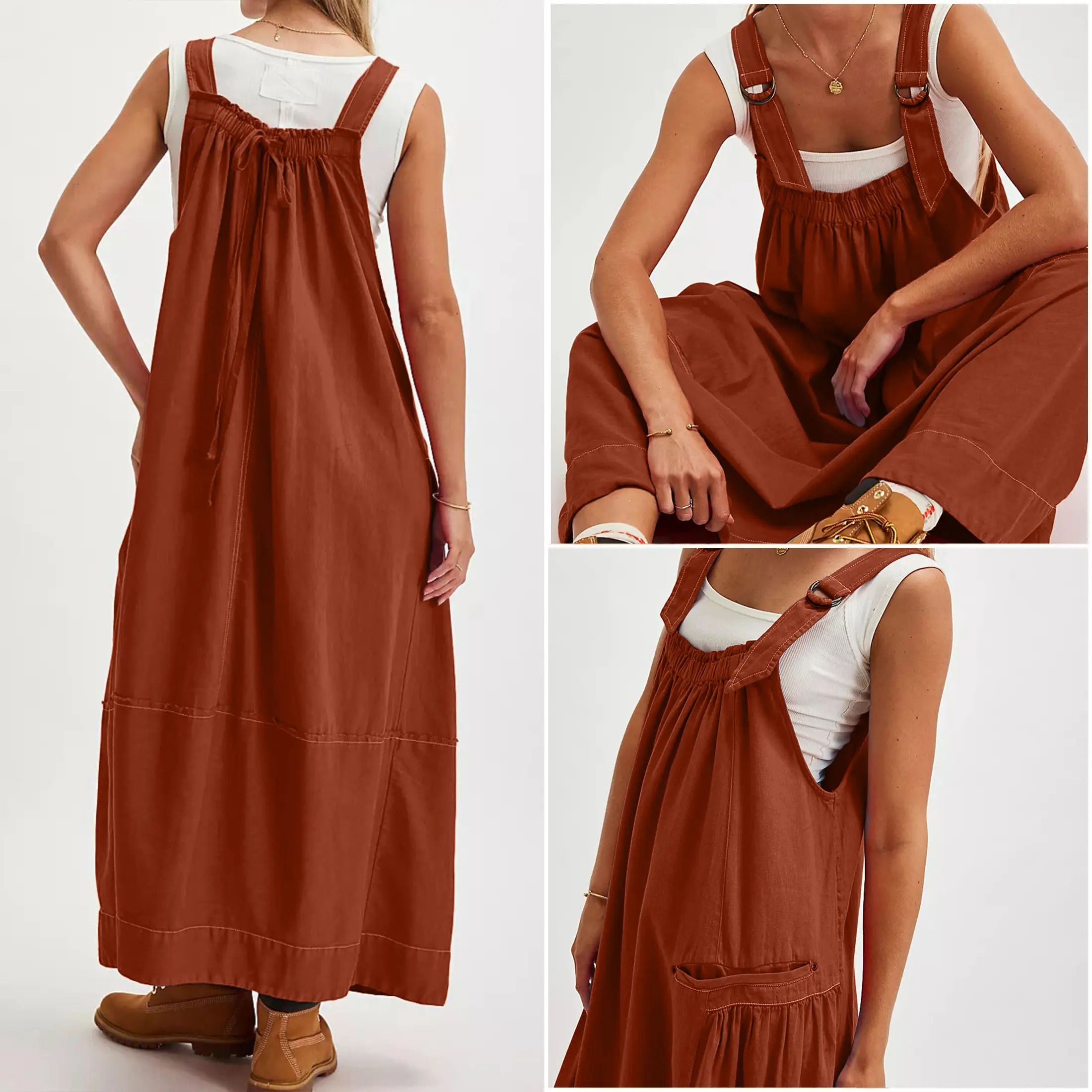 Women's Adjustable Straps Barrel Midi Dress Sleeveless Casual Midi Dress with Side Pockets for Summer Beach Vacation