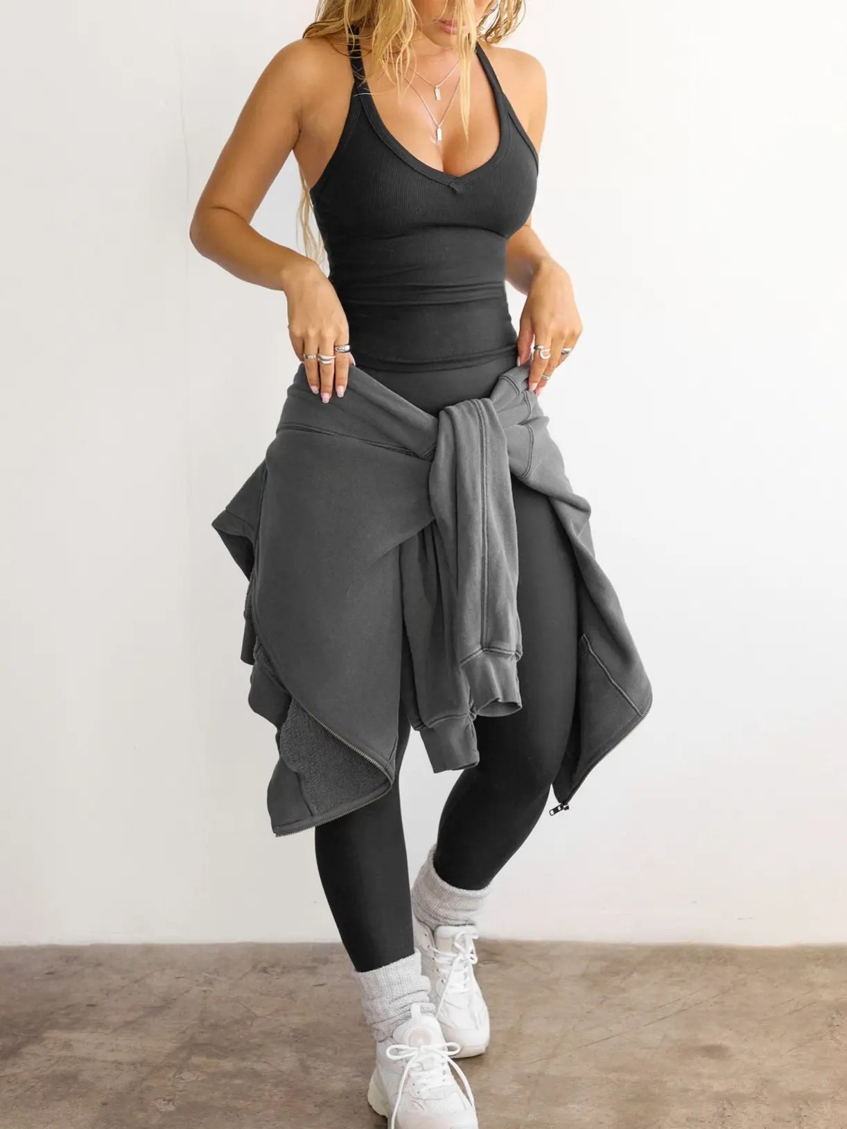 Women's V-Neck Ribbed Racerback Tank Top Fitted Longline Padded Athletic Casual Cami Top