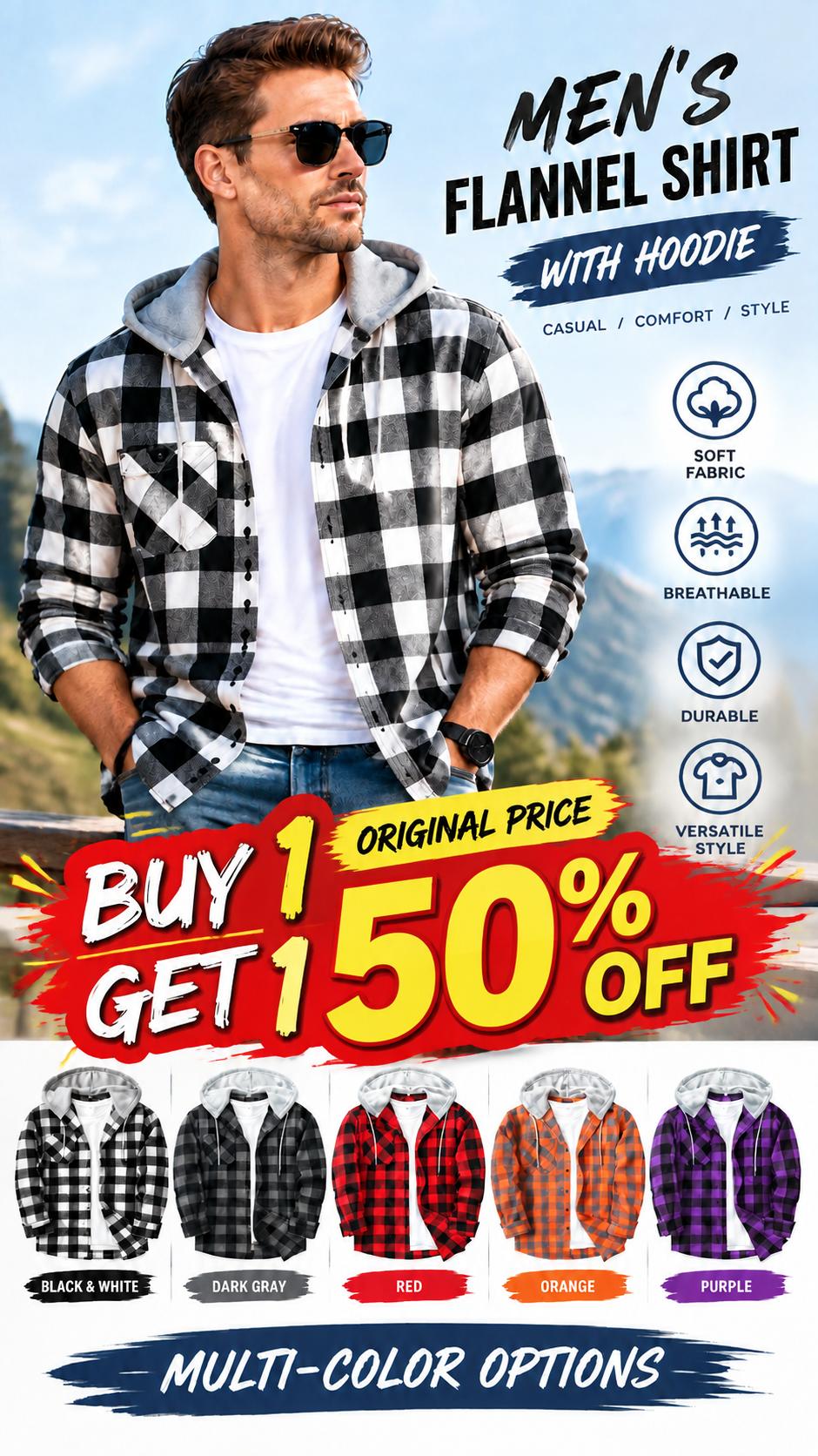ZITY Men's Big & Tall [M-6XL] plaid front buckle ankle drawstring hooded shirt, regular style casual, fashionable, comfortable long sleeved jacket with pockets, suitable for spring and autumn, men's daily wear