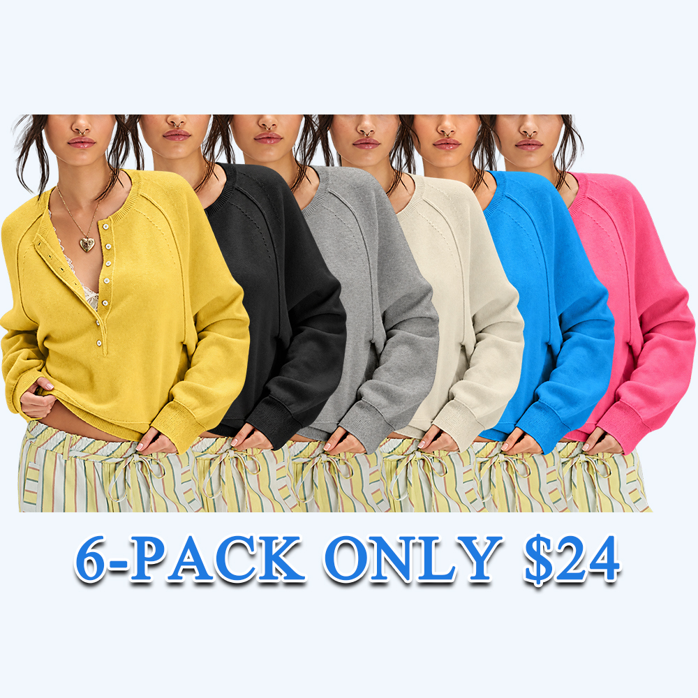 Women's Henley Half Button Knit Sweater, Long Sleeve Lightweight Solid Casual Pullover, Soft Comfortable