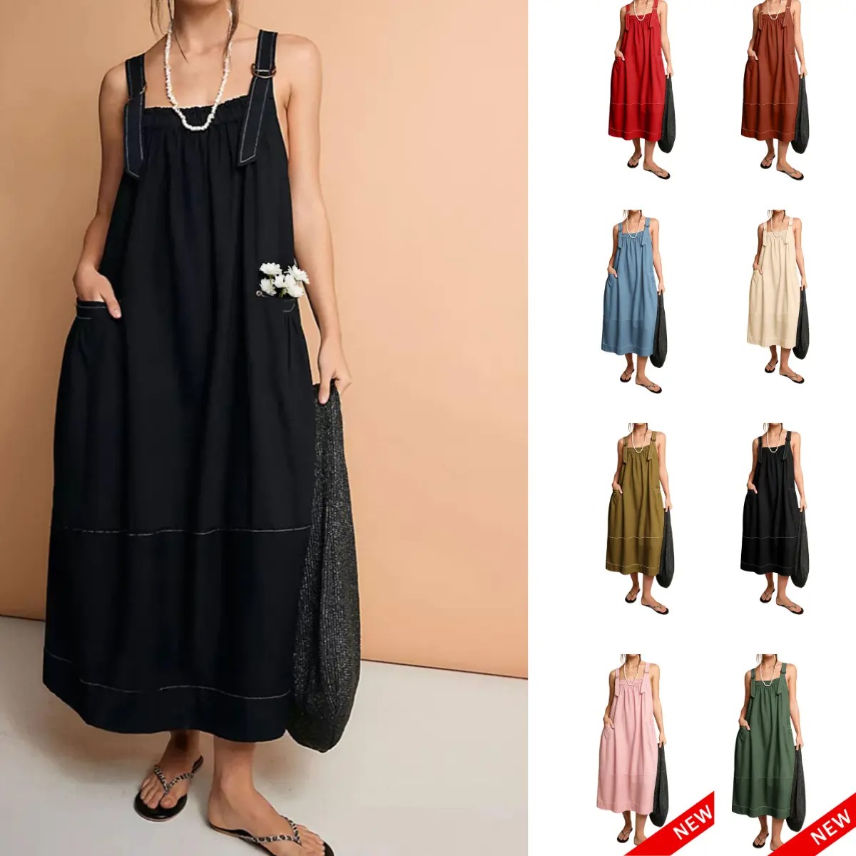 Women's Adjustable Straps Barrel Midi Dress Sleeveless Casual Midi Dress with Side Pockets for Summer Beach Vacation