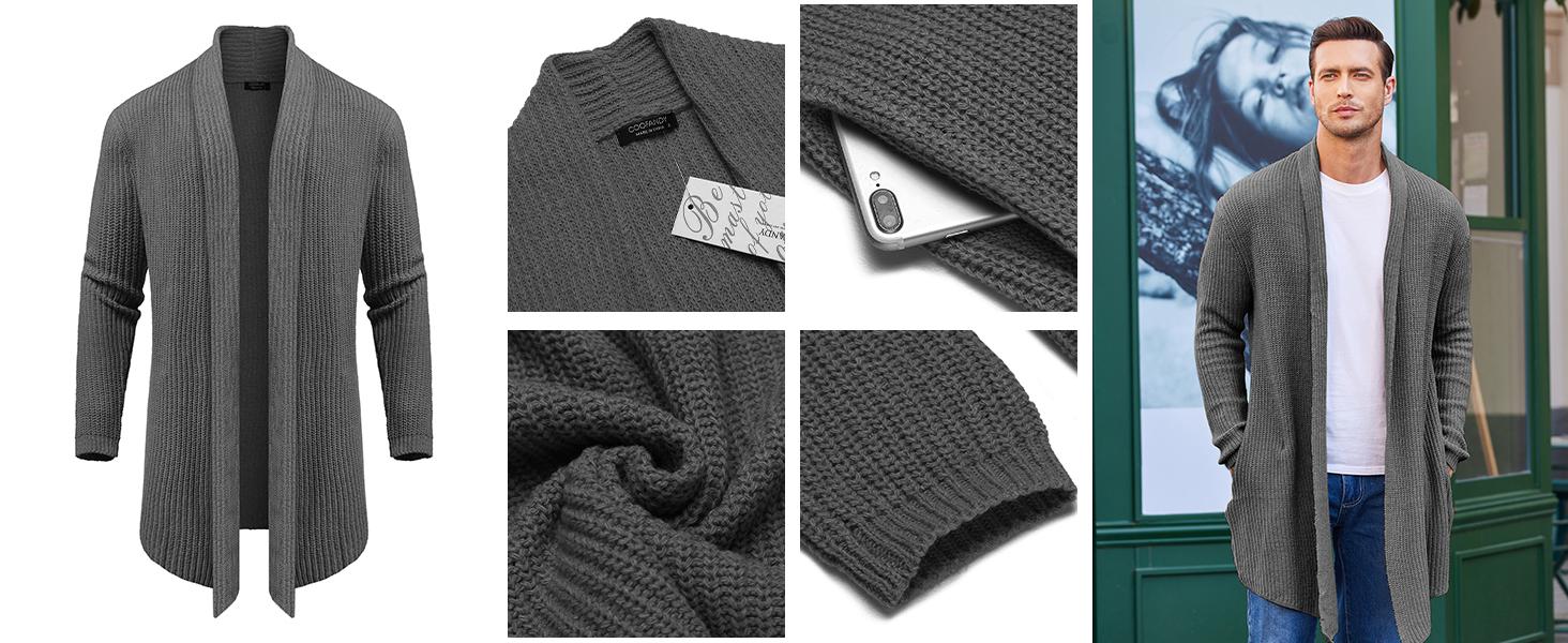 COOFANDY Men's Fashion Shawl Collar Long-Sleeve Fitted Plain Knit Cardigan - Ruffle Detail Slim Drape Cape Sweater, Soft 100% Polyester, Hanging Pockets, Casual Classic Knitwear Tops, Imported, Dry Clean/Hand Wash, Ideal for Party, Jeans-Matching Clothes