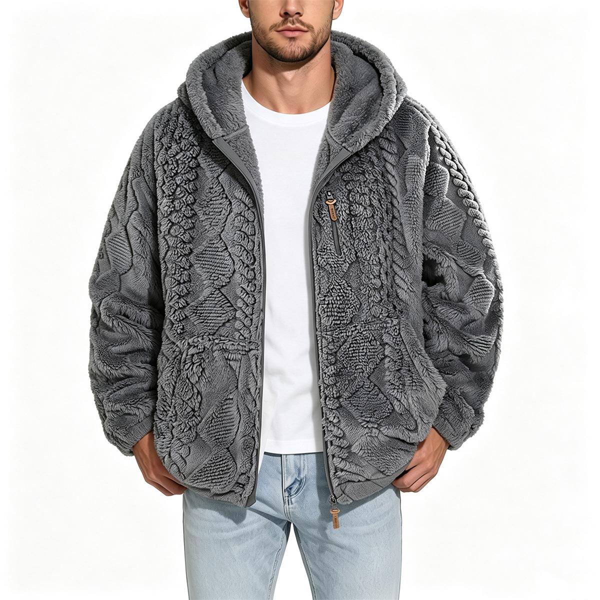 Men's thermal fleece jacket Polyester Jacquard Fabric Zip-Up Hoodie Jacket - Warm, Loose-Fit, Plush Texture, Plain Hooded Outerwear with Decorative Zipper Pull, Kangaroo Pockets for Outdoor & Indoor Urban Commute Menswear