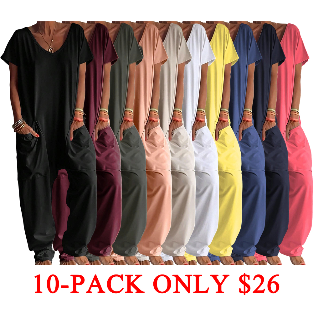 Women's Basic V-Neck Short Sleeve Jumpsuit - Casual Loose Wide Leg Romper with Pockets