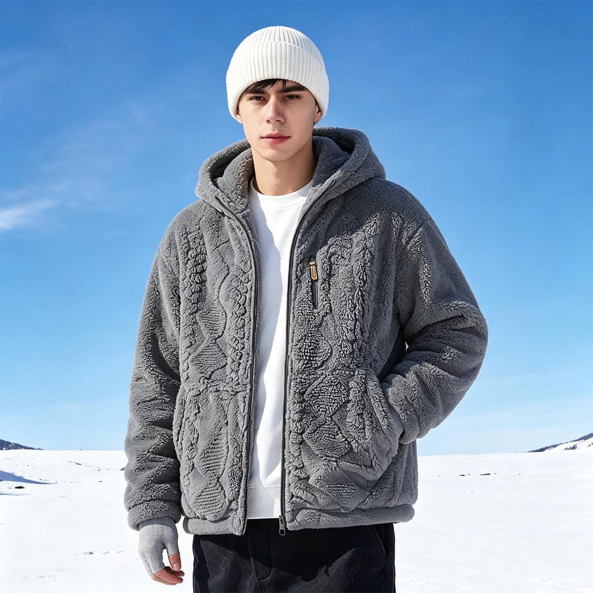 Men's thermal fleece jacket Polyester Jacquard Fabric Zip-Up Hoodie Jacket - Warm, Loose-Fit, Plush Texture, Plain Hooded Outerwear with Decorative Zipper Pull, Kangaroo Pockets for Outdoor & Indoor Urban Commute Menswear