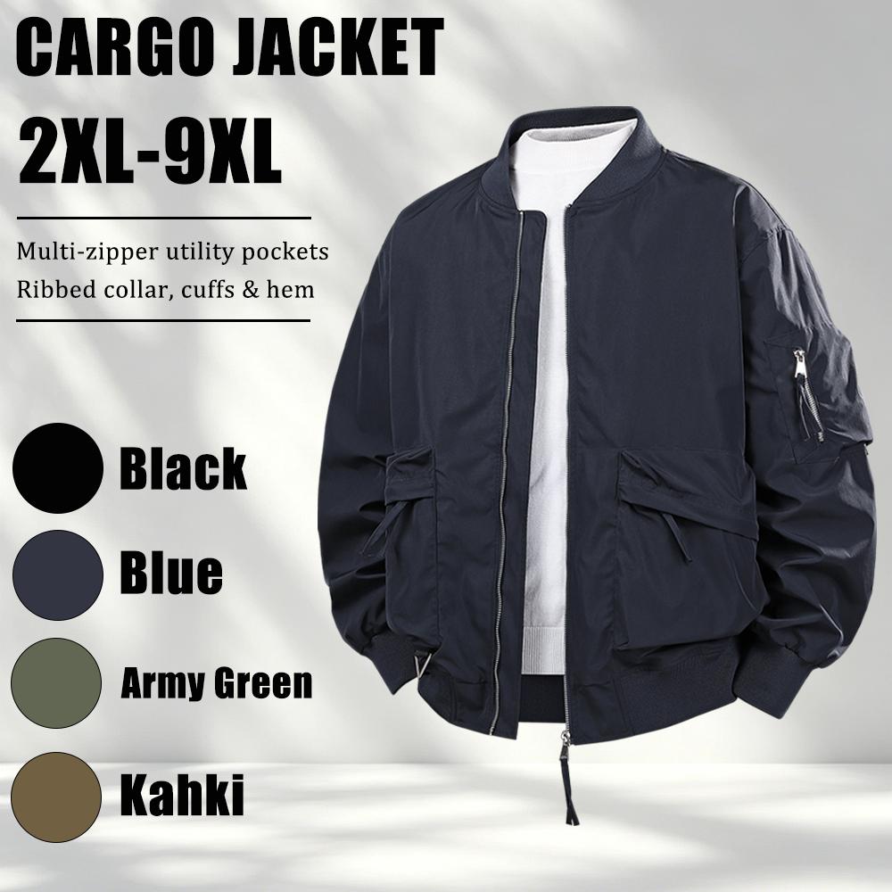 【2XL-9XL】Plus-size men&rsquo;s workwear jacket featuring a relaxed fit with multiple zippered pockets, ribbed cuffs at the collar, sleeves, and hem&mdash;ideal for city commuting, outdoor activities, shopping and leisure, short trips, and more.