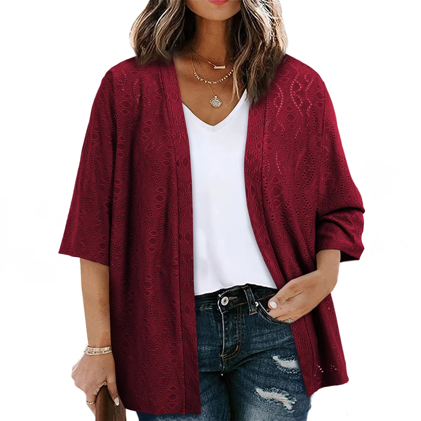 Women's Half Sleeve Jacquard Knit Kimono Cardigan Lightweight Open Front Summer Cover Up