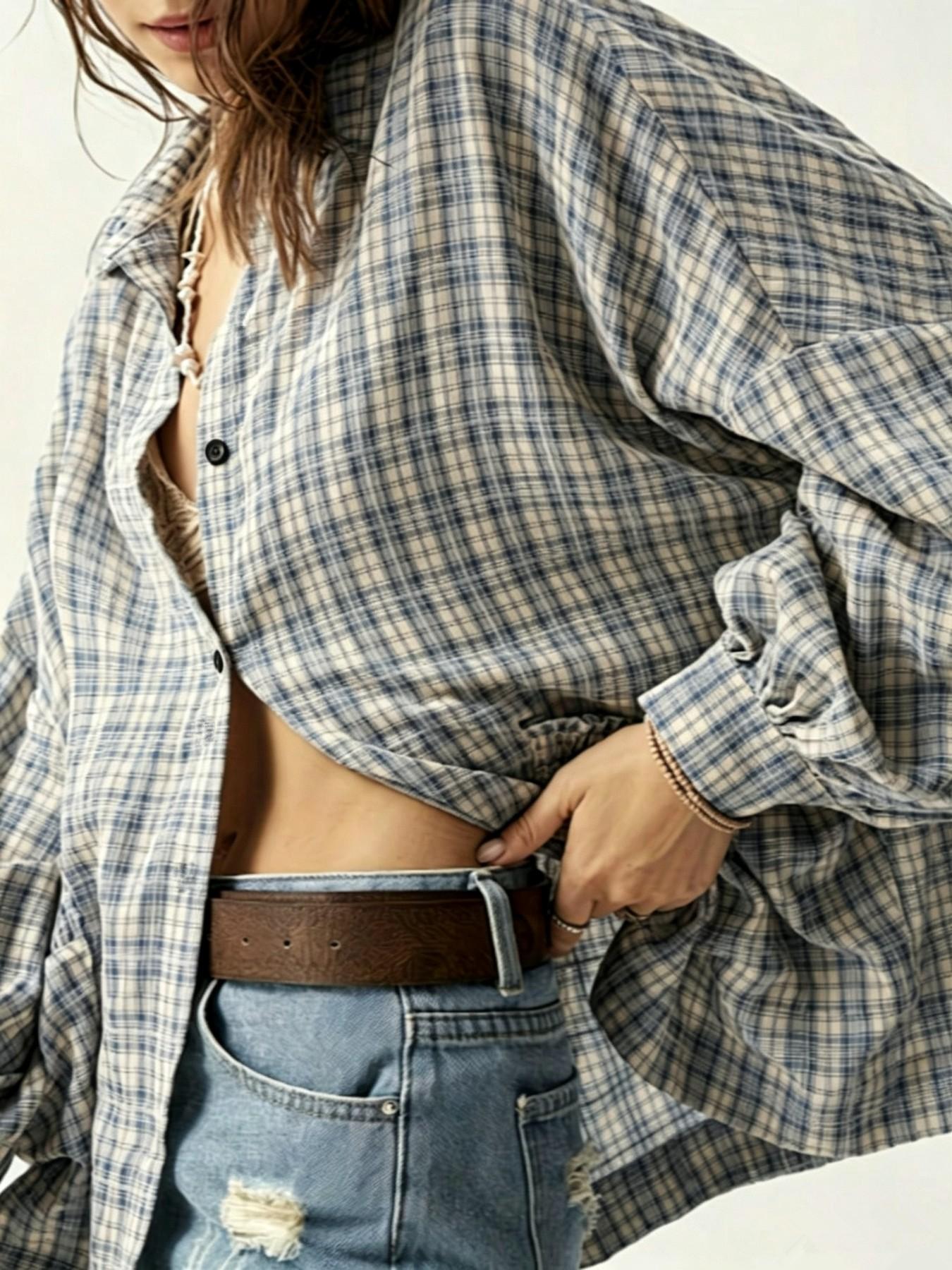 Women's Blue Plaid Oversized Pouch Pocket Long Sleeve Shirt, Blouse, Comfortable Loose Fit Top, Vintage Street Style, All Seasons