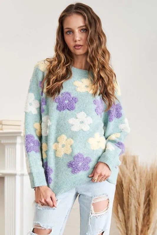 Full Size Floral Popped 2-Tone Sweater Top Plus Size