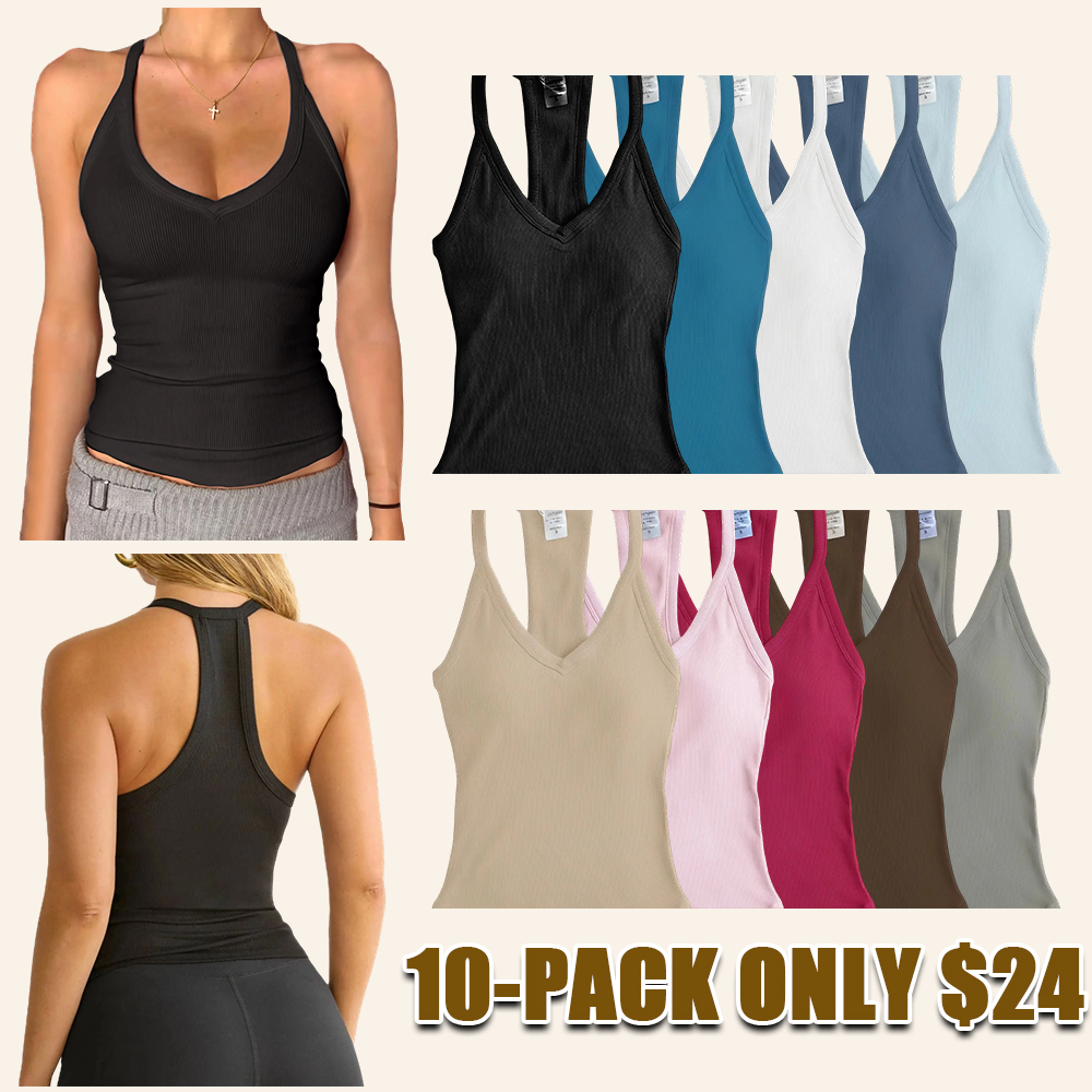Women's V-Neck Ribbed Racerback Tank Top Fitted Longline Padded Athletic Casual Cami Top