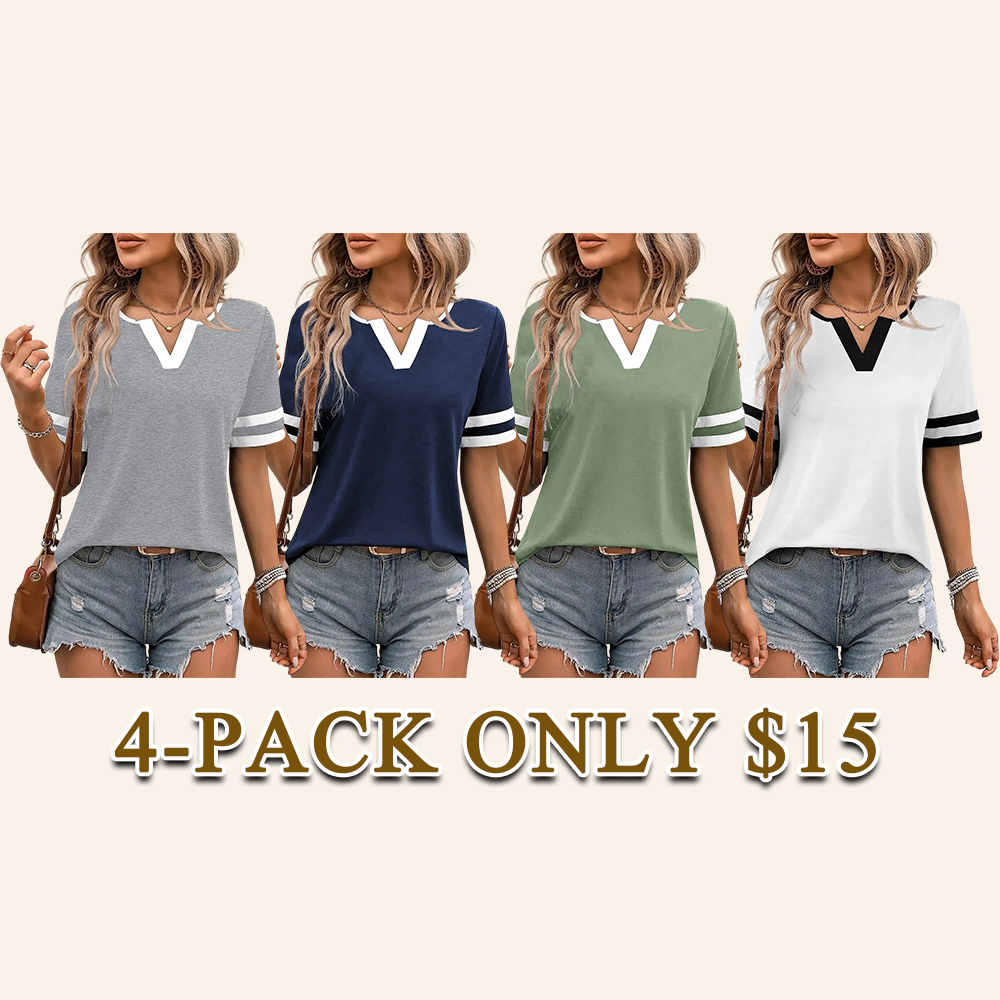 Women's V-Neck Striped Short Sleeve Top Fitted Cotton Blend Breathable Summer Daily Wear Blouse