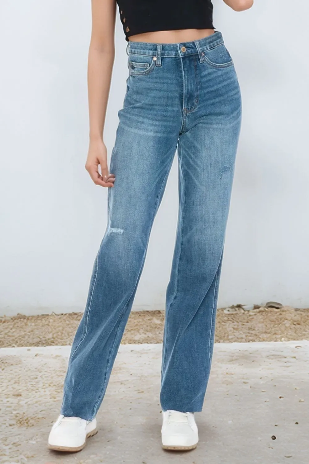 Blue Full Size Tummy Control Cut Raw Hem Straight Jeans