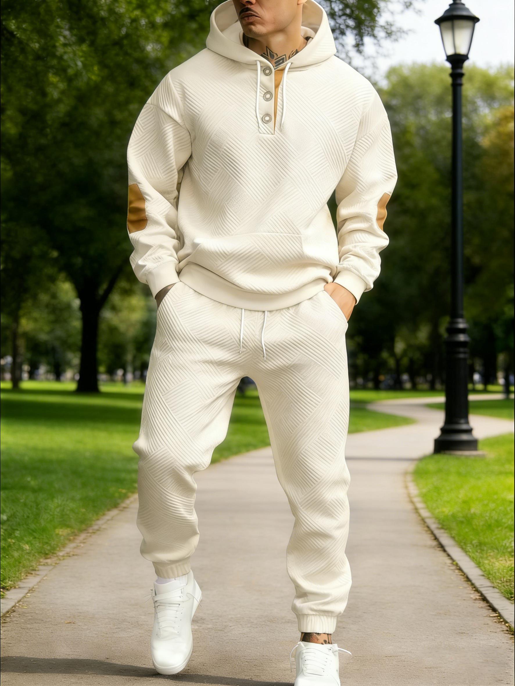 Men's 2-Piece Textured Hoodie Tracksuit - Geometric Pattern Sweatshirt, Contrasting Elbow Patches, Men's Sweatpants, Casual Street Style, Soft Comfortable 2026 Mensfashion Loungewear