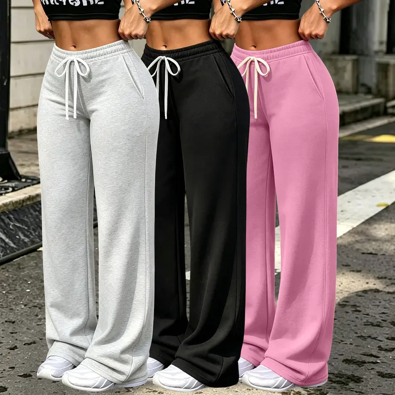 3Pcs Women's Casual Straight Leg Pants, Loose Fit Casual Pants with Drawstring Waist & Double Pockets - Fleece‑Lined, Solid Colors, Knit Fabric, Polyester, Versatile for Casual Attire, Jogging Pants, Basic Womenswear, Minimalist Bottom, Soft Fabric Pants 3Pcs Women's Casual Straight Leg Pants, Loose Fit Casual Pants with Drawstring Waist & Double Pockets - Fleece‑Lined, Solid Colors, Knit Fabric, Polyester, Versatile for Casual Attire, Jogging Pants, Basic Womenswear, Minimalist Bottom, Soft Fabric Pants