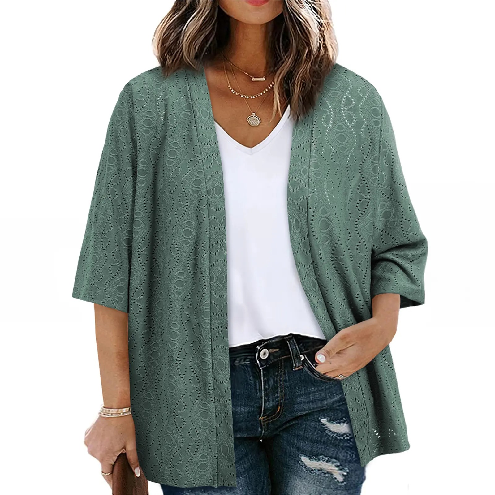 Women's Half Sleeve Jacquard Knit Kimono Cardigan Lightweight Open Front Summer Cover Up