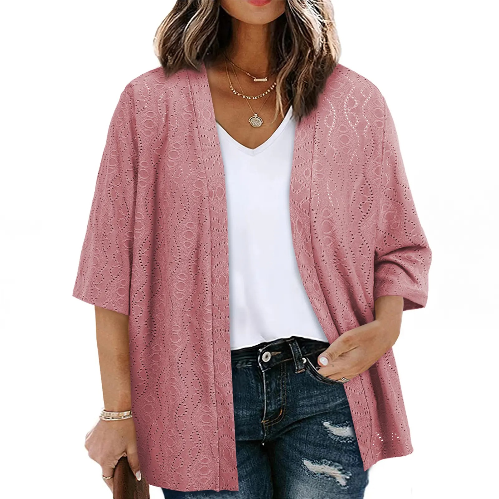 Women's Half Sleeve Jacquard Knit Kimono Cardigan Lightweight Open Front Summer Cover Up