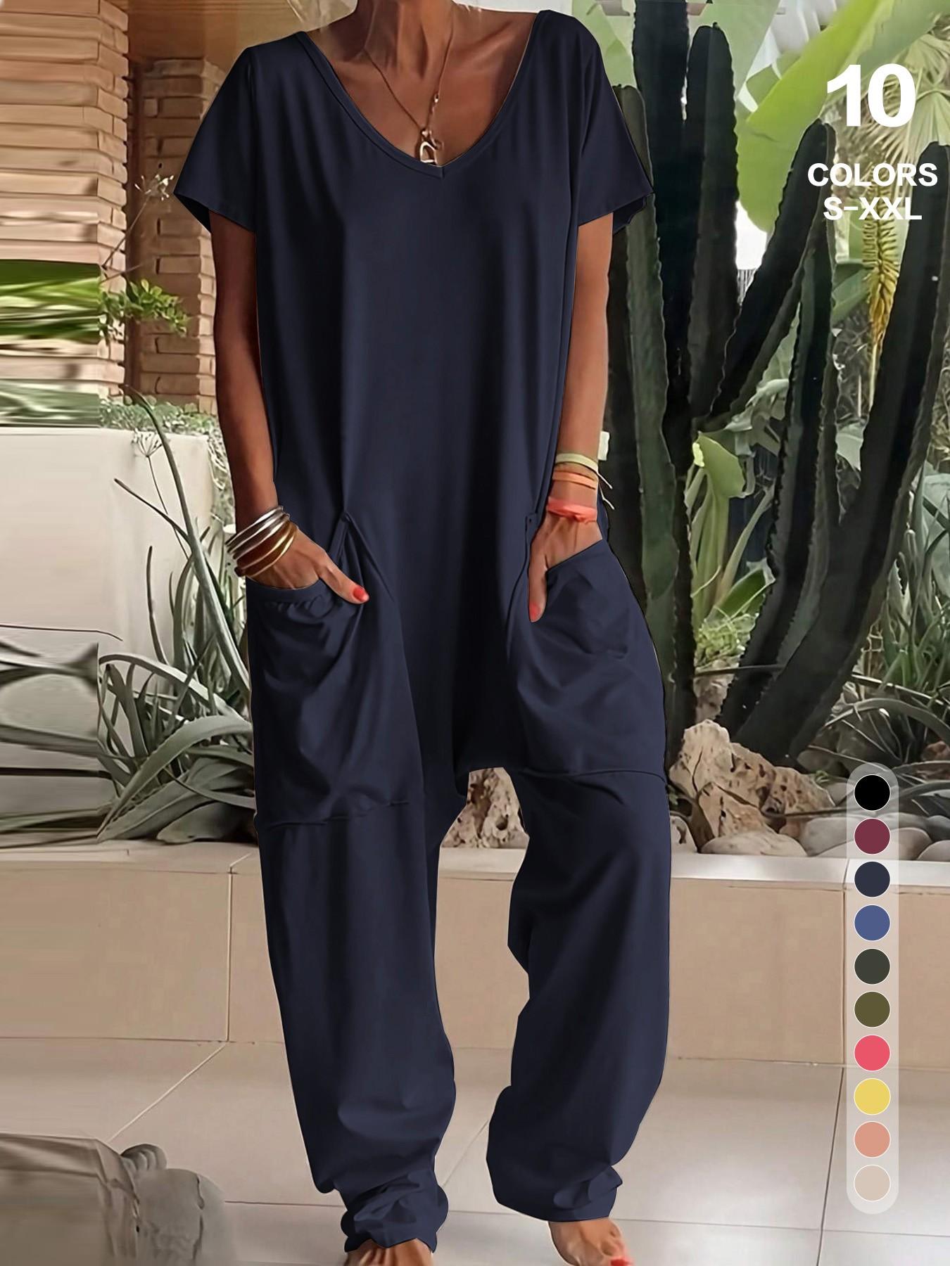 Women's Basic V-Neck Short Sleeve Jumpsuit - Casual Loose Wide Leg Romper with Pockets