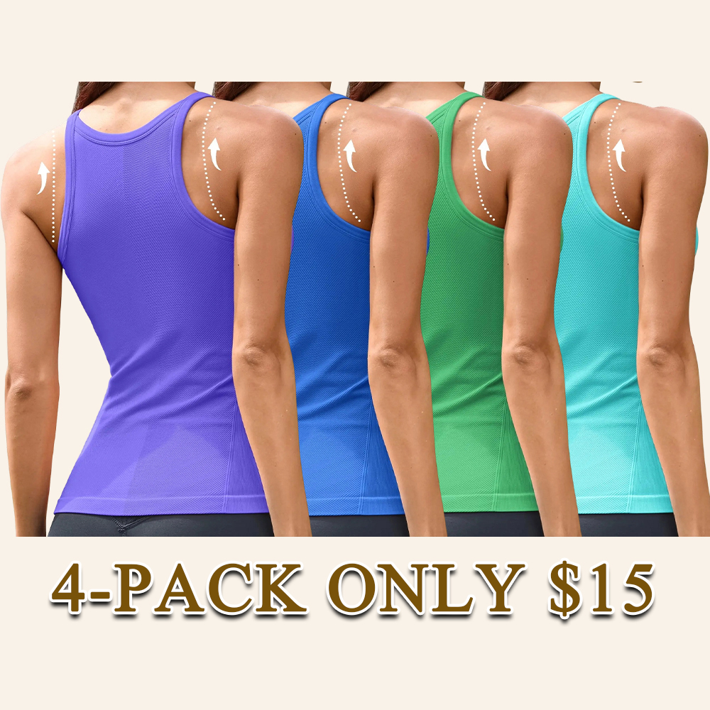 Women's Seamless Ribbed Racerback Tank Top Crew Neck Athletic Workout Camisole with Built-In Bra