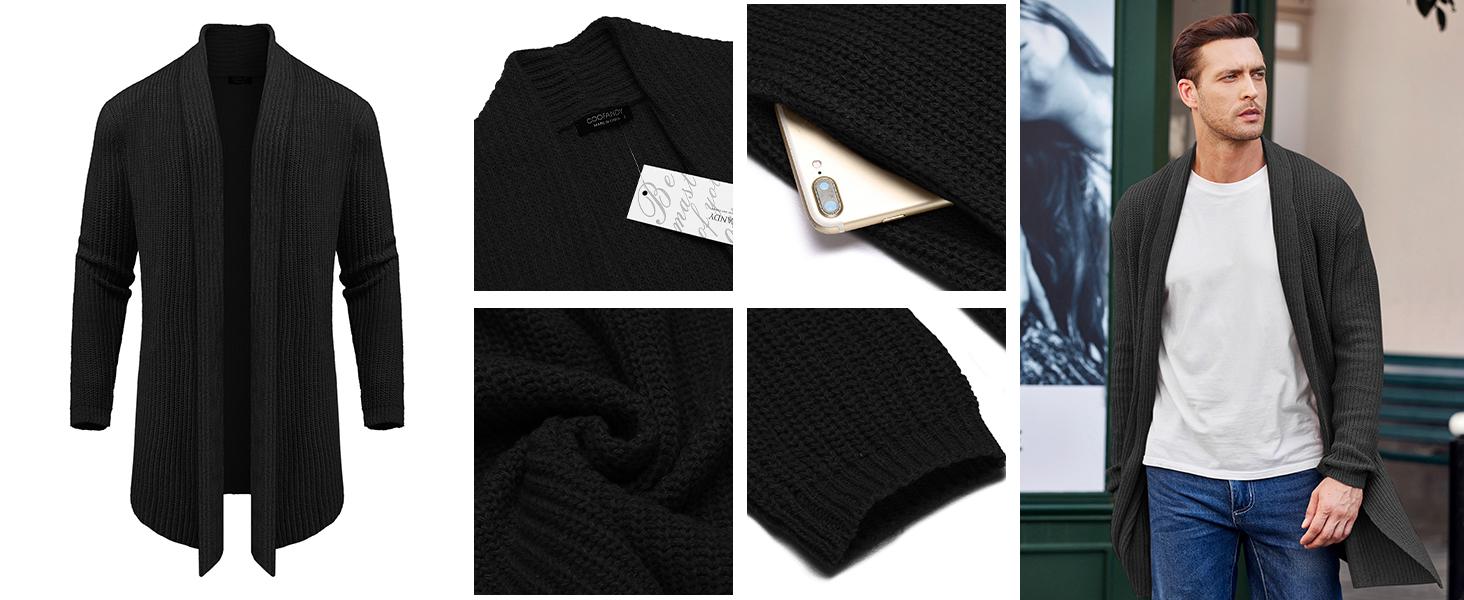 COOFANDY Men's Fashion Shawl Collar Long-Sleeve Fitted Plain Knit Cardigan - Ruffle Detail Slim Drape Cape Sweater, Soft 100% Polyester, Hanging Pockets, Casual Classic Knitwear Tops, Imported, Dry Clean/Hand Wash, Ideal for Party, Jeans-Matching Clothes