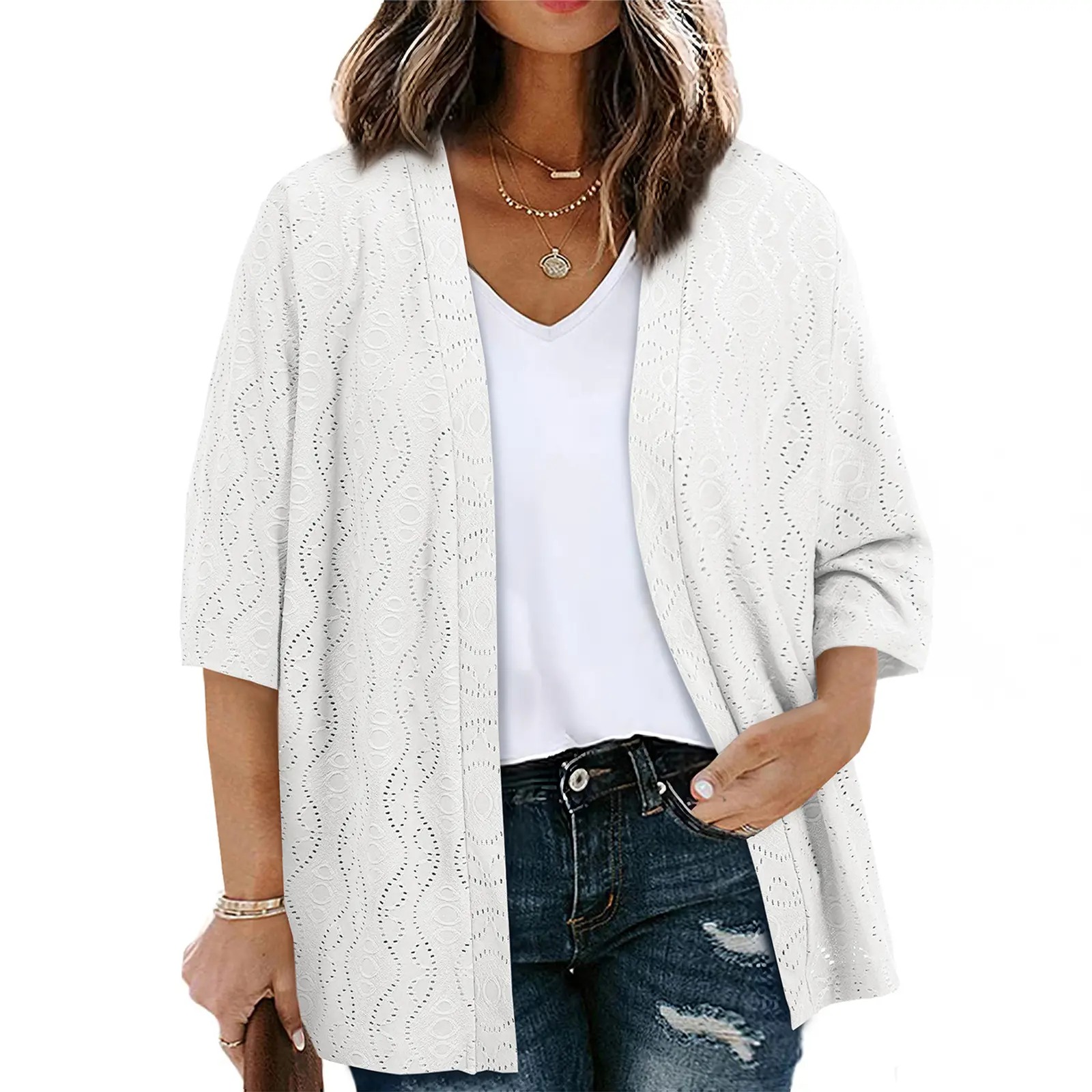 Women's Half Sleeve Jacquard Knit Kimono Cardigan Lightweight Open Front Summer Cover Up