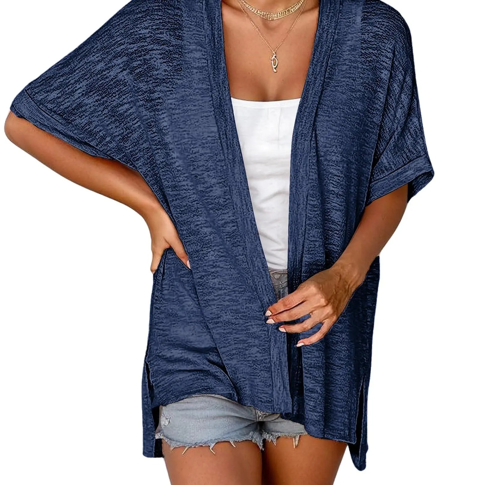 Women's Oversized Short Sleeve Open Front Knit Cardigan Lightweight Summer Beach Cover Up Casual Batwing Knit Top