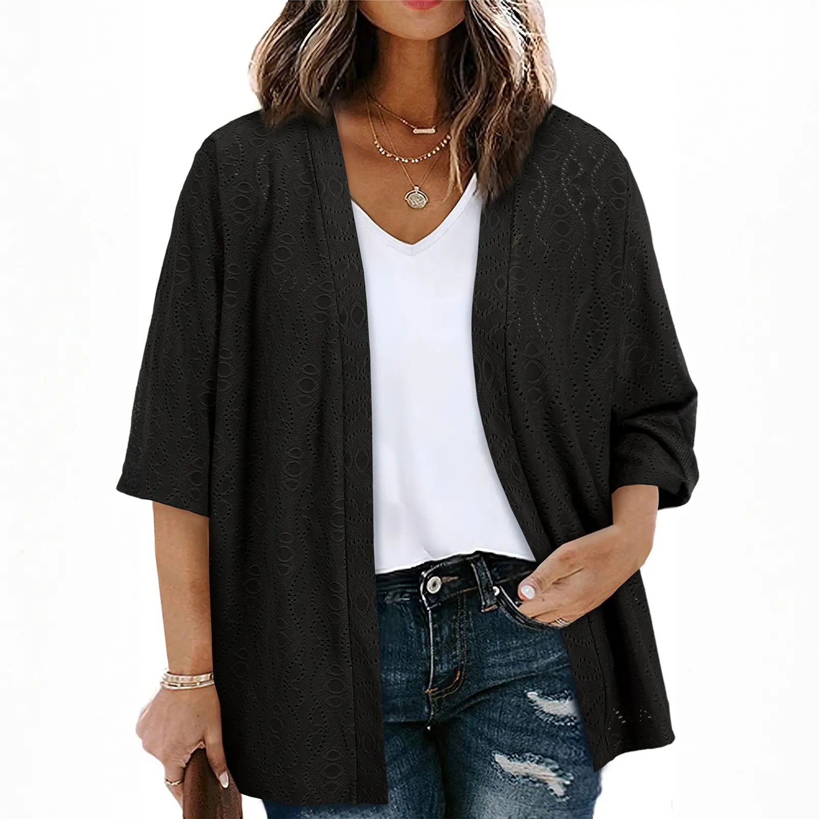 Women's Half Sleeve Jacquard Knit Kimono Cardigan Lightweight Open Front Summer Cover Up