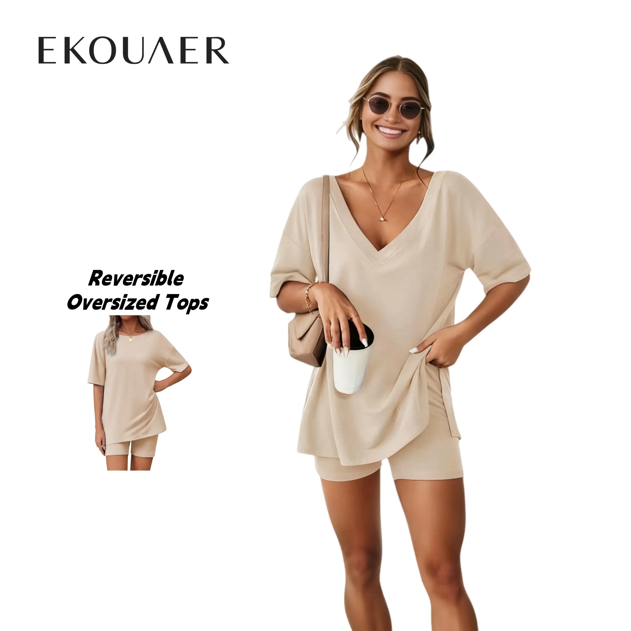 Women's V-Neck 2-Piece Loungewear Set Oversized Split Hem Top & High Waist Biker Shorts Casual Soft Pajamas