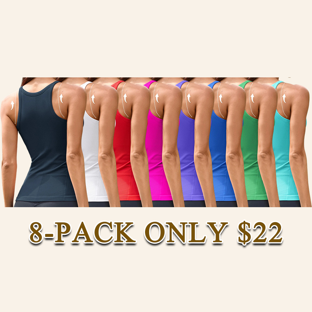 Women's Seamless Ribbed Racerback Tank Top Crew Neck Athletic Workout Camisole with Built-In Bra