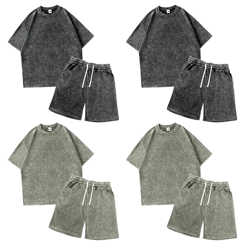 Men's 4-Piece Loungewear Set – Vintage Acid-Wash T-Shirt & Elastic Drawstring Shorts for Summer Casual & Camping