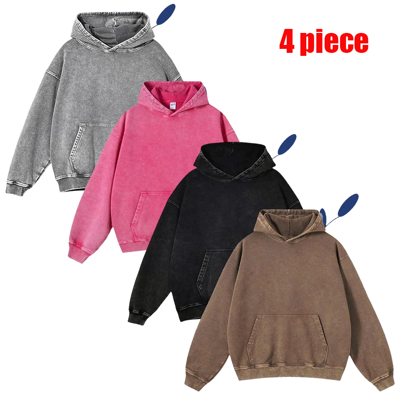4-Pack Acid Wash Hoodie – Oversized Vintage Unisex Heavyweight Distressed Hoodie