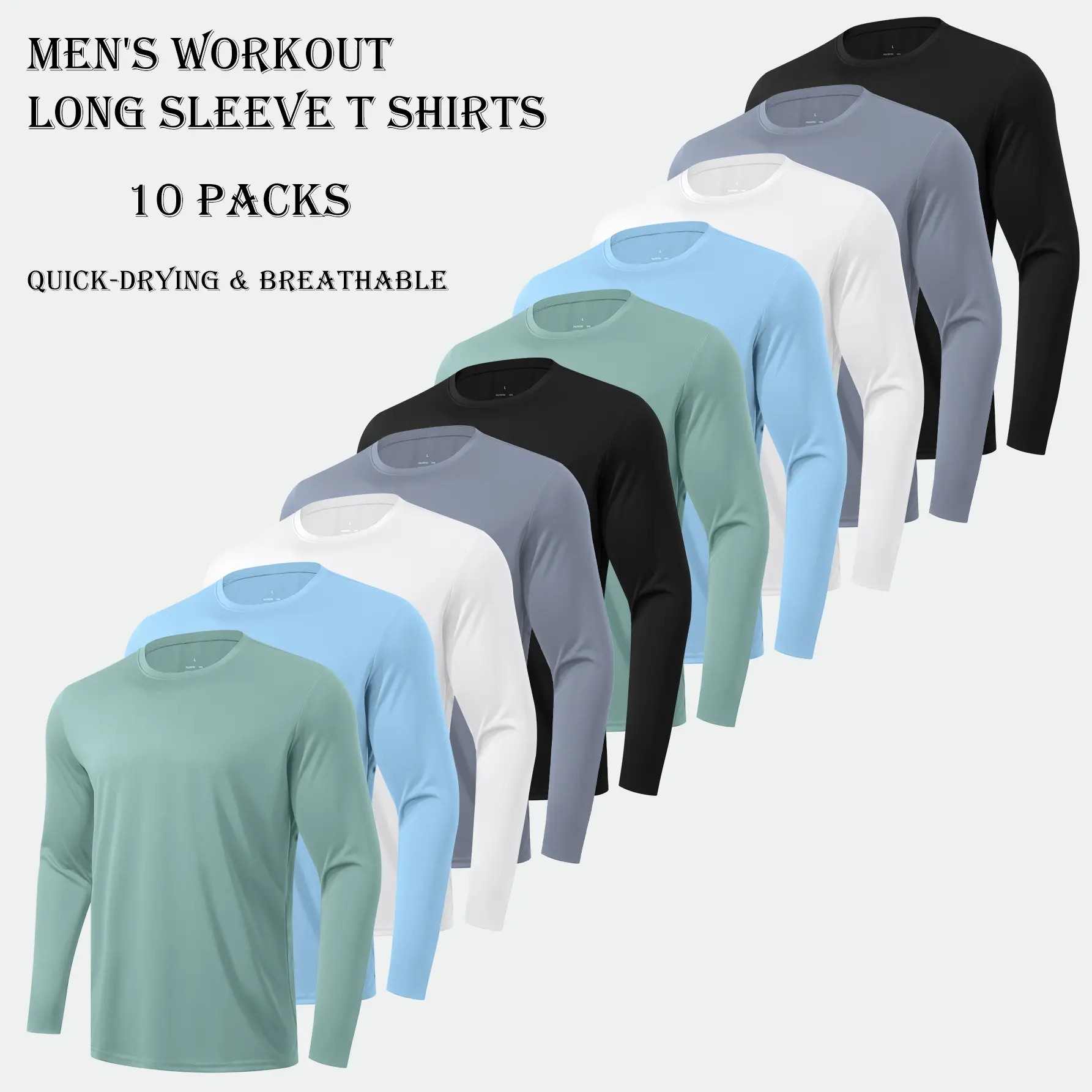 10-Pack Men's Long Sleeve Workout T-Shirts – Lightweight Breathable Sports Tops, Multi-Color