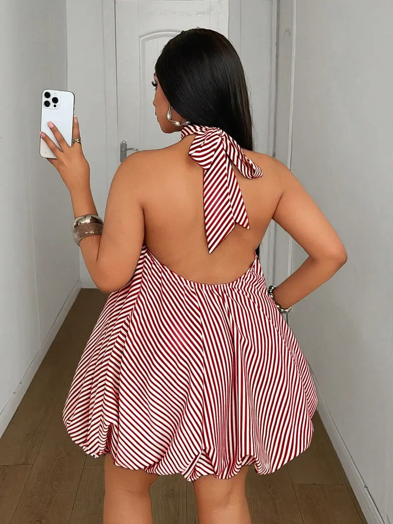 Plus Size Striped Halter Dress – Loose Short Summer Beach Sundress
