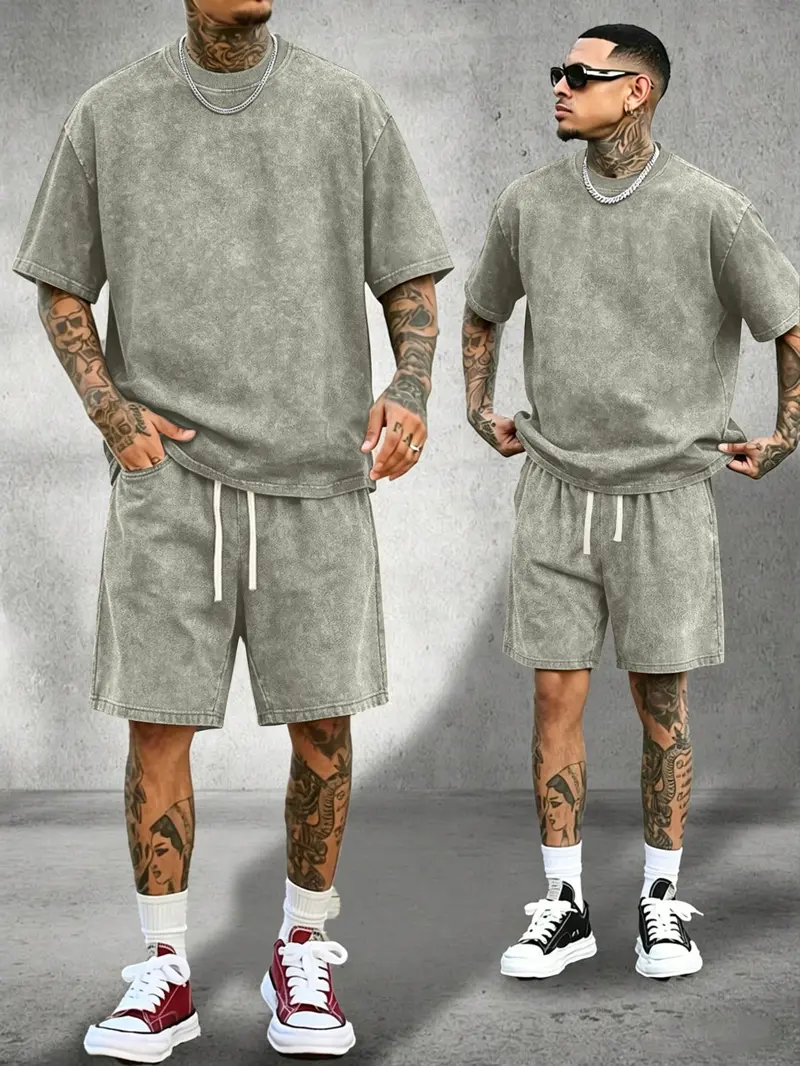 Men's 4-Piece Loungewear Set – Vintage Acid-Wash T-Shirt & Elastic Drawstring Shorts for Summer Casual & Camping