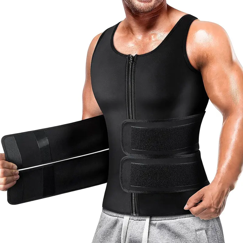 Sauna Vest, Double Belt Sauna Vest Waist Trainer, Men Body Shaping Waist Trainer Gym Fitness Breathable Sweat Abdominal Shaping Tank Top Muscle Sports Compression Workout Apparel
