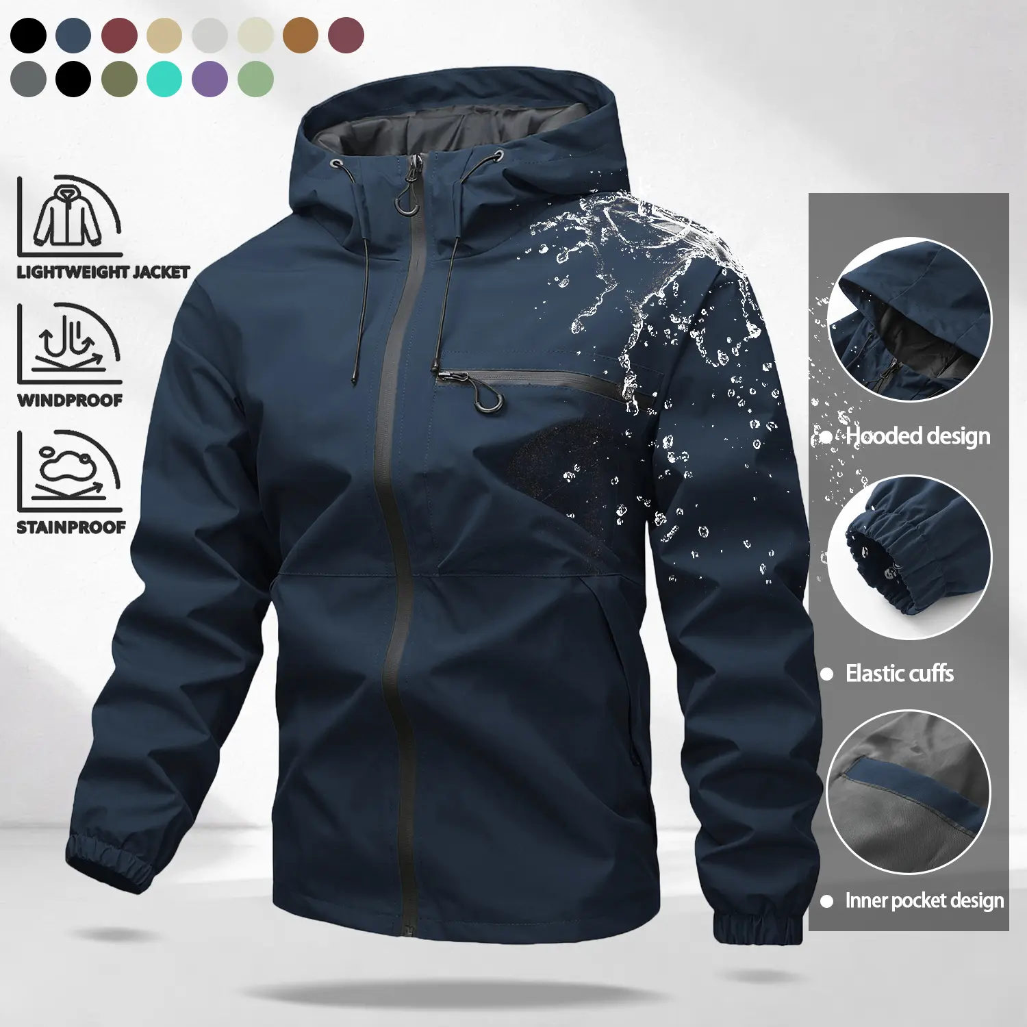 Unisex 4-Pack All-Weather Jacket – Waterproof Windproof Hooded Lightweight Outdoor Coat with Adjustable Cuffs
