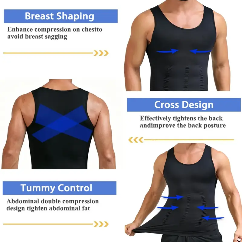 Men's Round Neck Compression Tank Top – Slimming Body Shaper Vest, Seamless Abdominal Corset Shirt for Gym Workout & Fitness，International shipping available