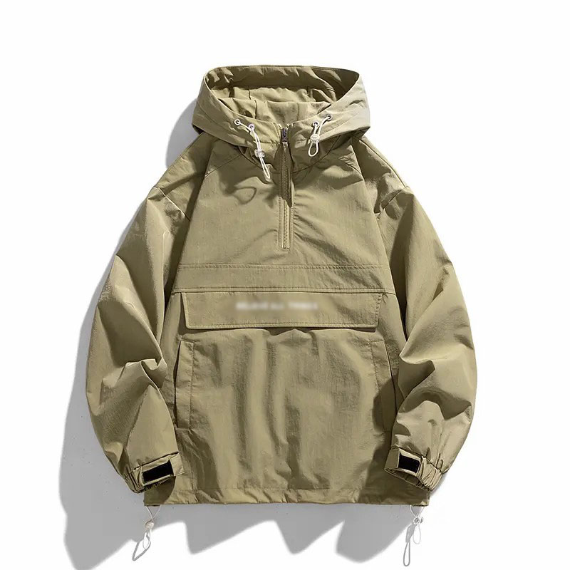 Men's Half Zip Windbreaker Jacket – Lightweight Hooded Coat with Drawstring Hem & Side Pockets