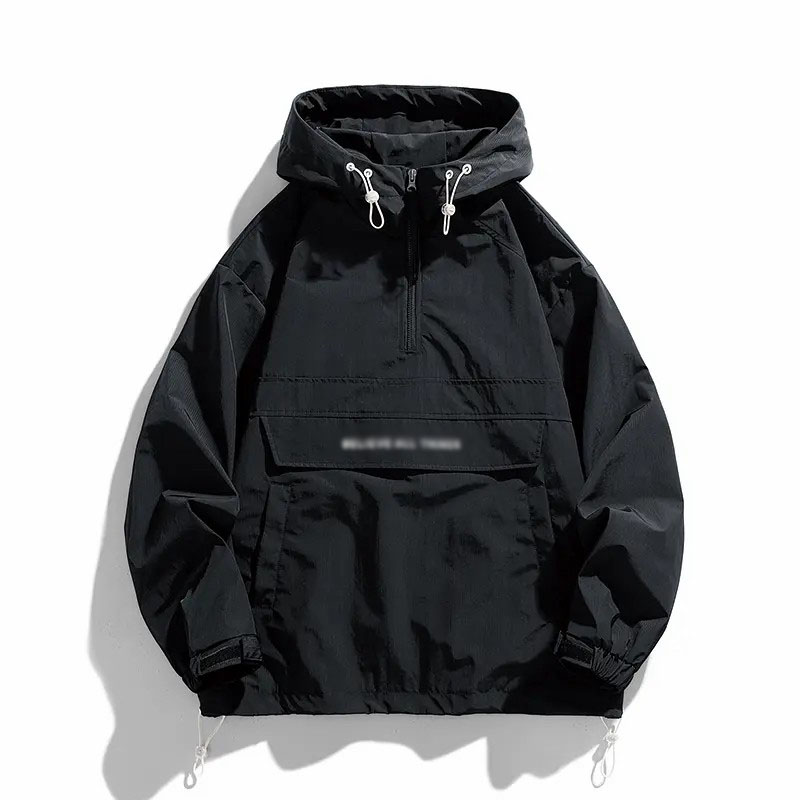 Men's Half Zip Windbreaker Jacket – Lightweight Hooded Coat with Drawstring Hem & Side Pockets