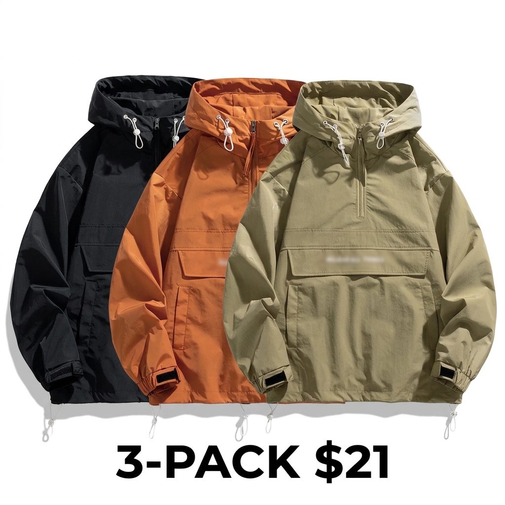 Men's Half Zip Windbreaker Jacket – Lightweight Hooded Coat with Drawstring Hem & Side Pockets