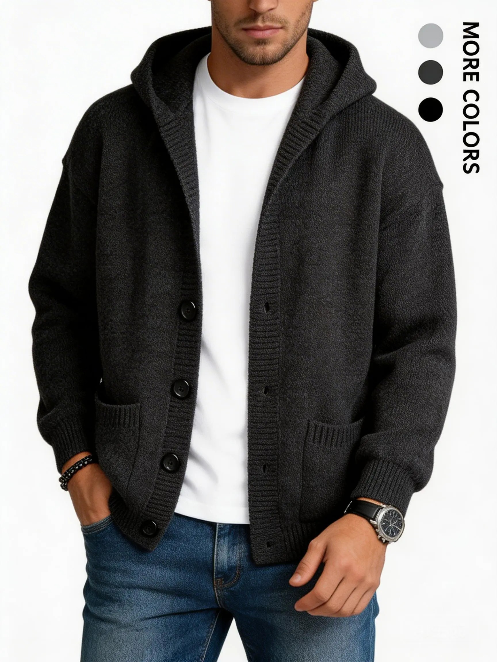 Men's Buttoned Hood Snap Sweatshirt – Heavyweight Long Sleeve Pullover with Minimalist Street Style