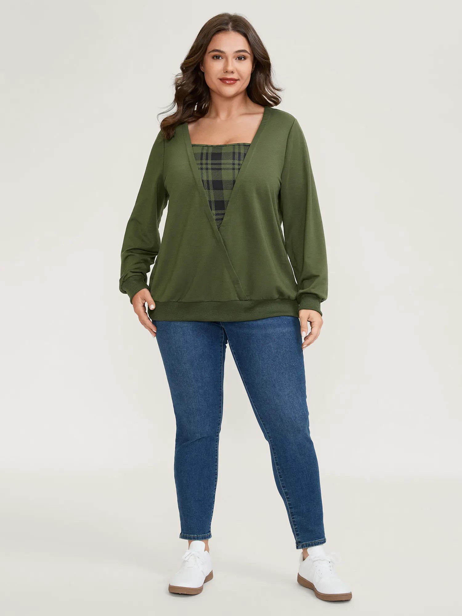 Women's Plus Size Plaid Spliced Wrap Sweatshirt – Square Neck Long Sleeve Pullover Top