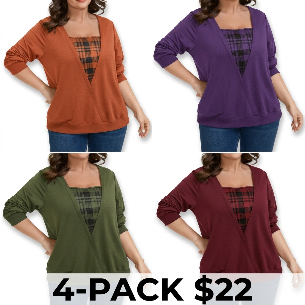 Women's Plus Size Plaid Spliced Wrap Sweatshirt – Square Neck Long Sleeve Pullover Top