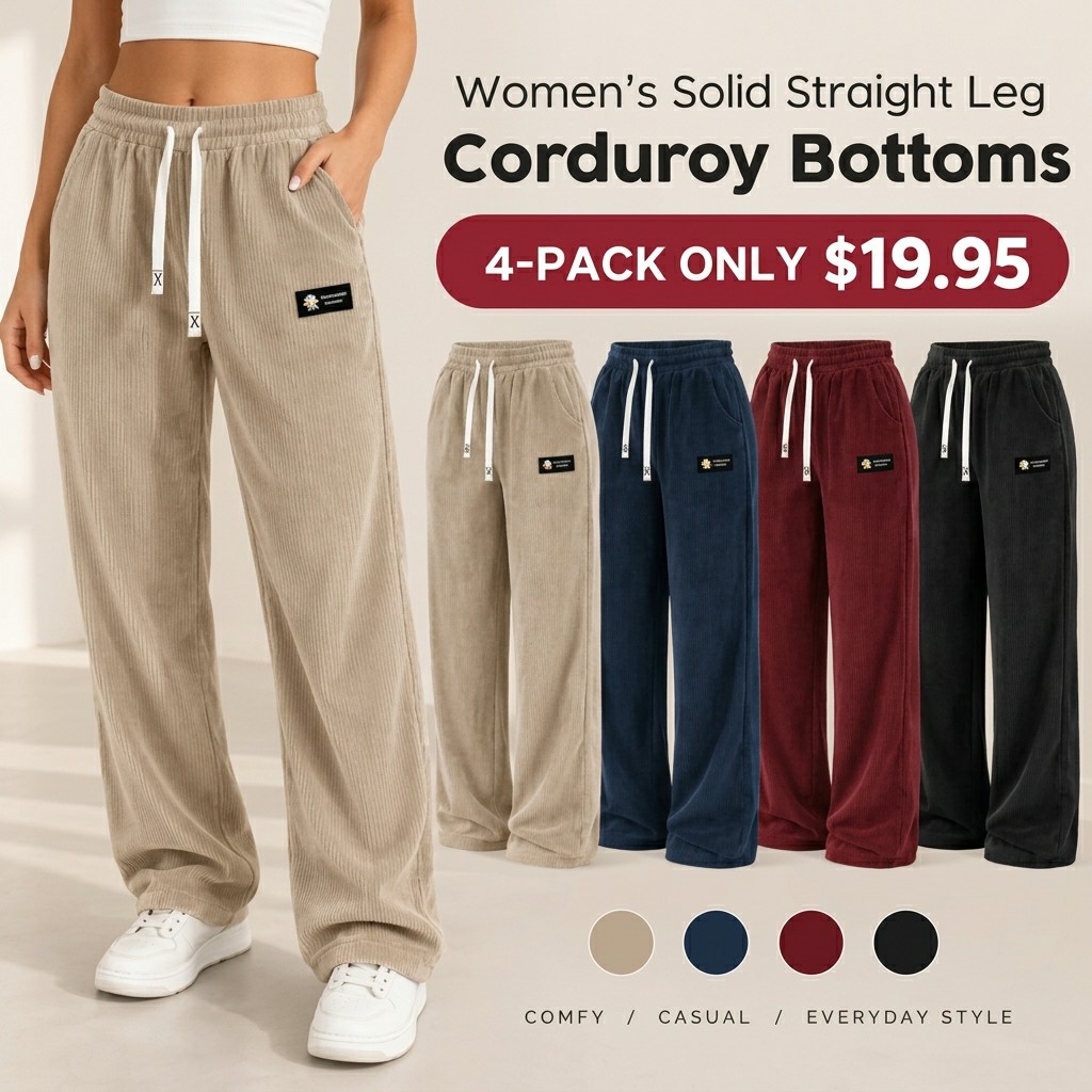 Women's Straight Leg Corduroy Pants – Drawstring Waist Casual Bottoms for All Seasons
