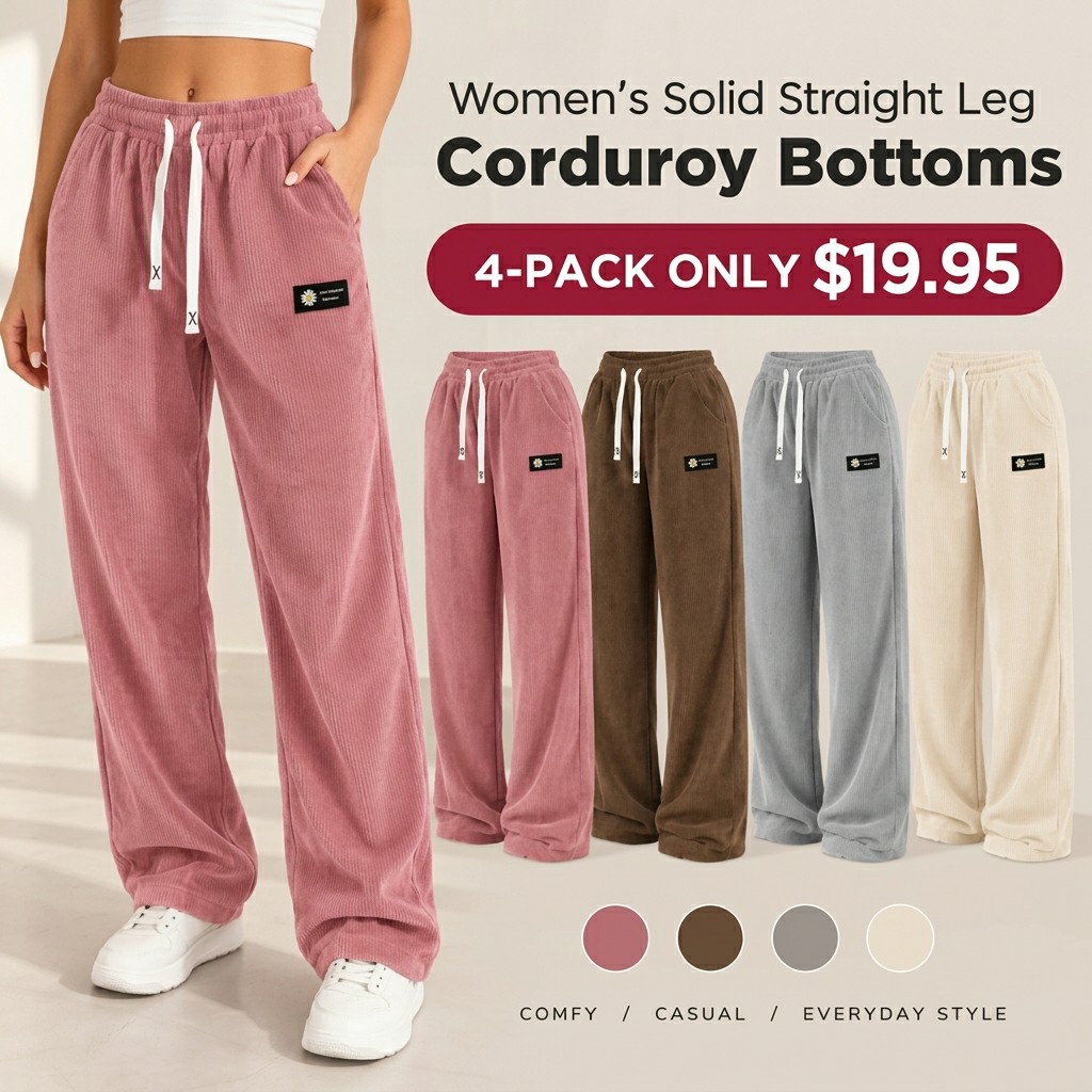 Women's Straight Leg Corduroy Pants – Drawstring Waist Casual Bottoms for All Seasons