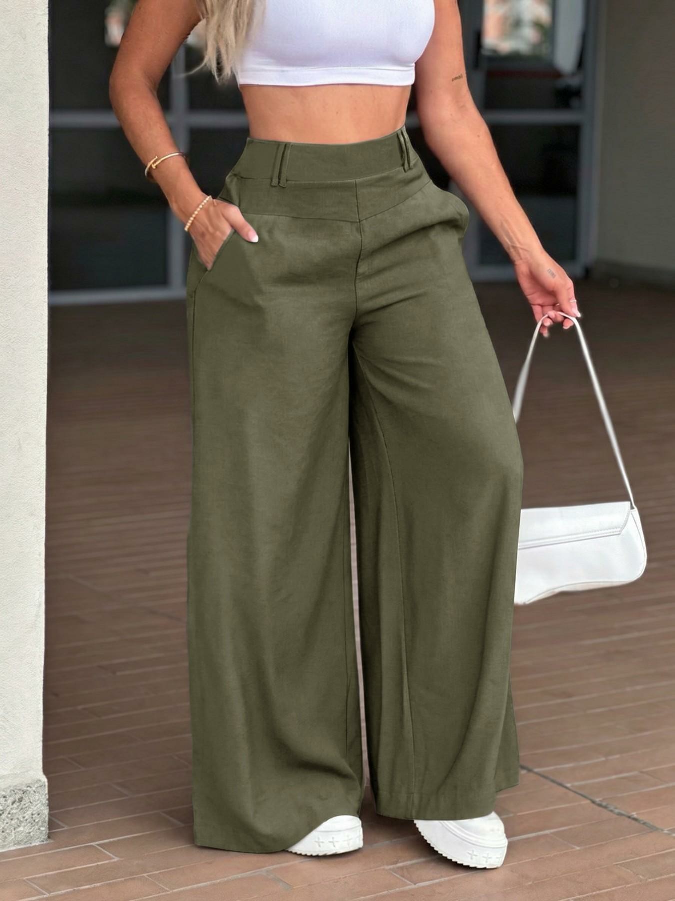 Women's High Waist Wide Leg Flowy Pants – Straight Leg Casual Everyday Bottoms