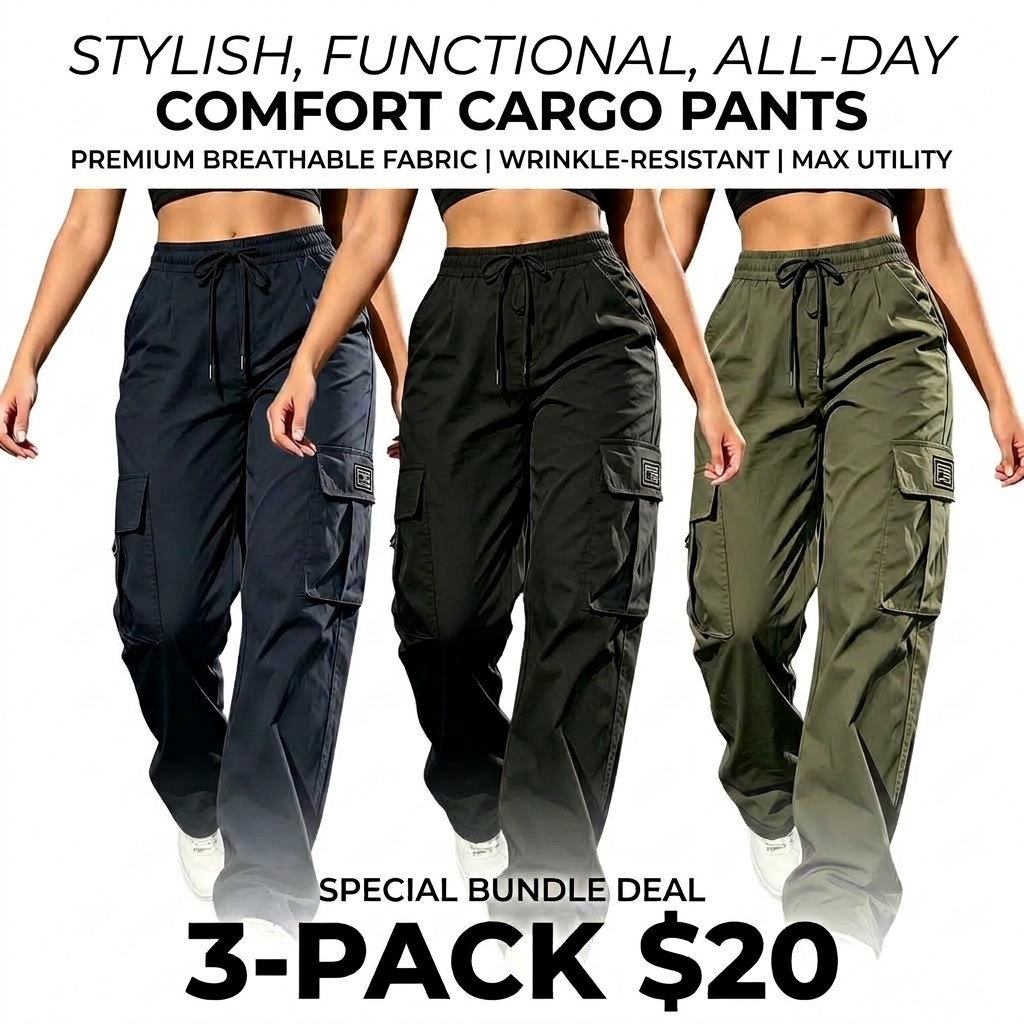 Women's Cargo Pants – Elastic Waist Loose Fit Bohemian Casual Trousers with Pockets