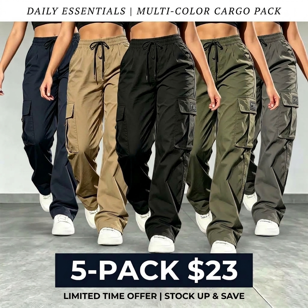 Women's Cargo Pants – Elastic Waist Loose Fit Bohemian Casual Trousers with Pockets