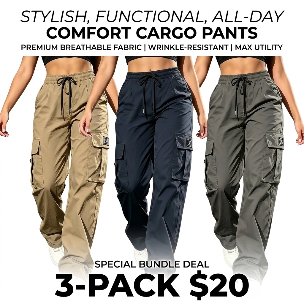 Women's Cargo Pants – Elastic Waist Loose Fit Bohemian Casual Trousers with Pockets